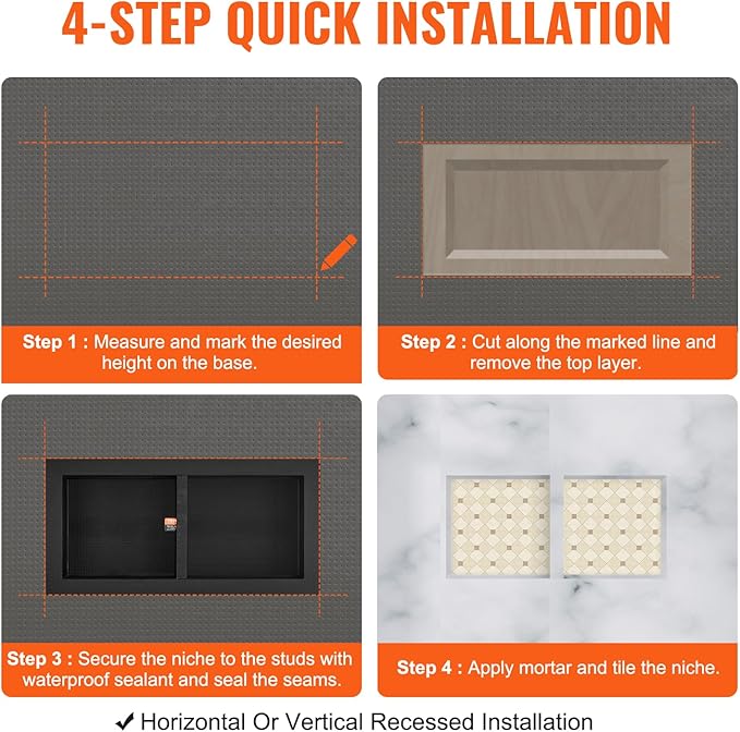 VEVOR Shower Niche Insert Tile Ready 16" x 32", Double Shelf Niche - Image 7
