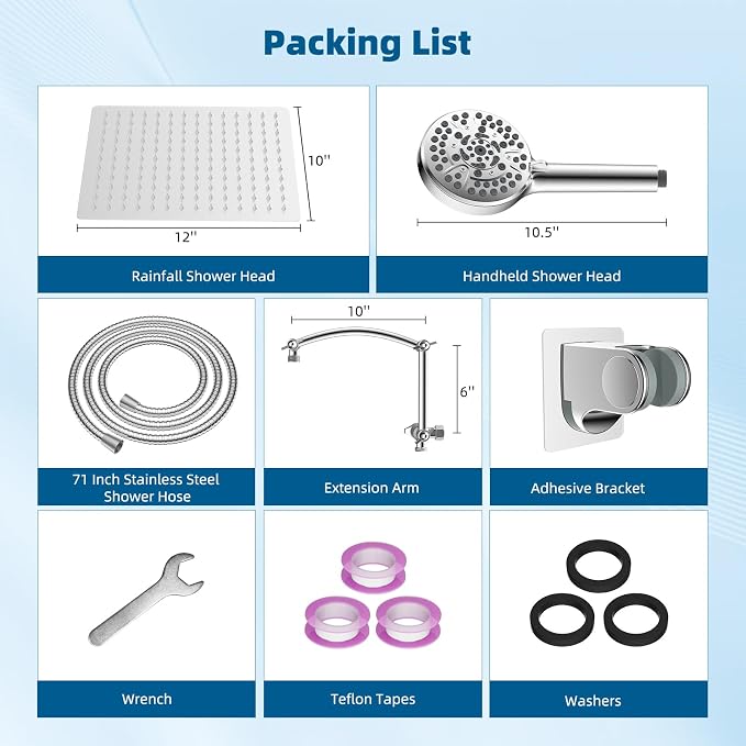 Hibbent All Metal Shower Head, 10 Sprays, Adhesive Showerhead Holder - Image 8