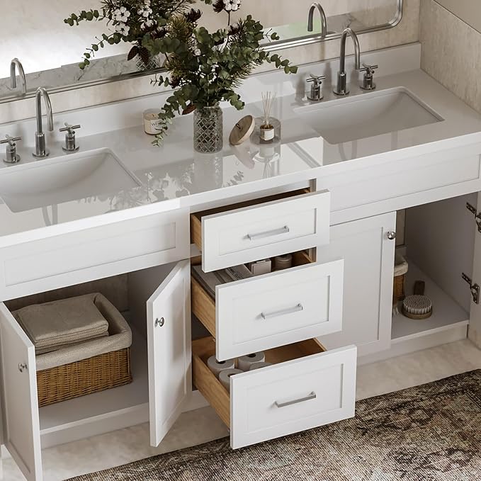 ARIEL 73" White Double Vanity 1.5" Edge Pure White Quartz Countertop & Splash - Image 3