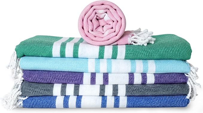 Turkish Cotton Beach Towel Pack of 6 & 1 Boho Tote Bag by Occosa-LuxuryHammamTowels