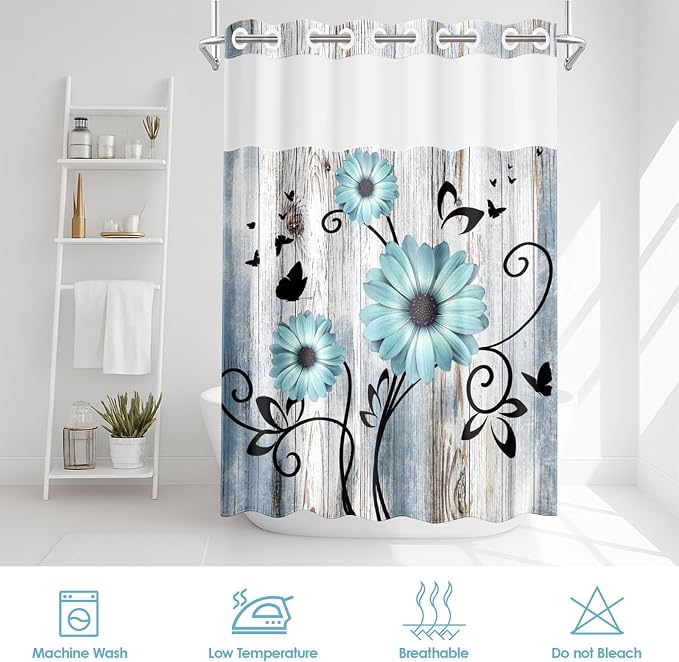 No Hook Teal Flower Shower Curtain - Image 6