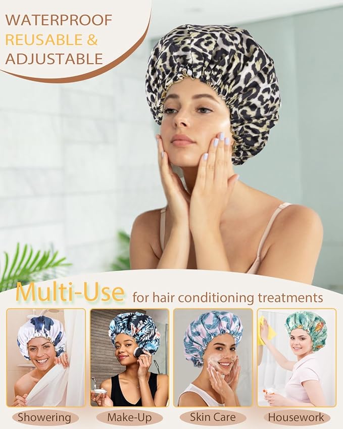 Large Shower Caps for Women Reusable Waterproof Satin Lined Shower Cap - Image 4