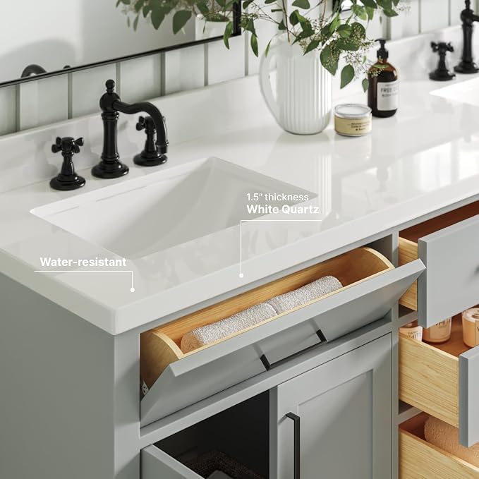 ARIEL Double Bathroom Vanity 73" Grey, 1.5" Edge Pure White Quartz Countertop & - Image 4