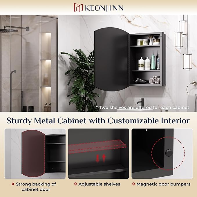 Keonjinn Black Medicine Cabinet 16 x 26 Inch, Surface Mount or Recessed - Image 5
