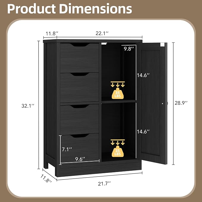 Walsunny Bathroom Floor Storage Cabinet, Wooden Storage Organizer - Image 2