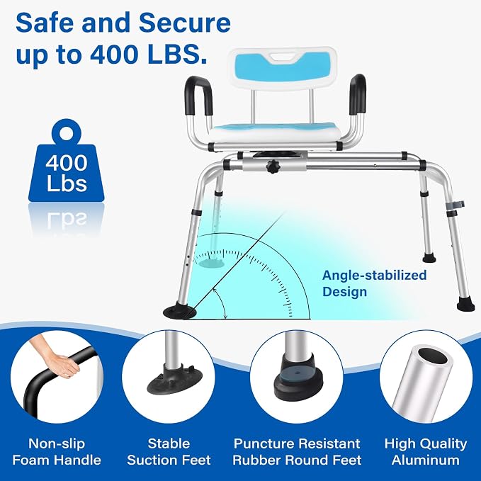 Sliding Shower Chair, Height Adjustable Tub Transfer Bench, 360° Shower Swivel - Image 6
