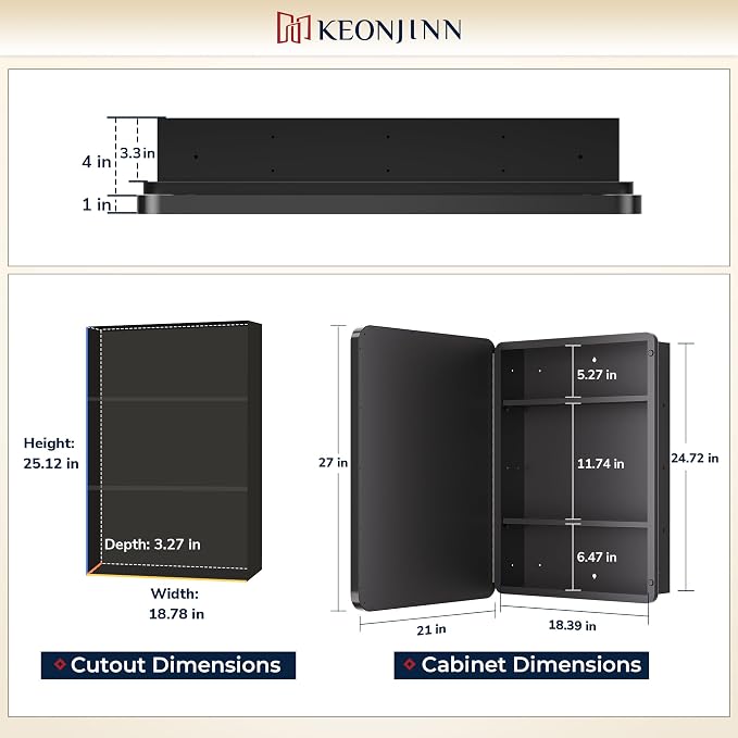 Keonjinn 20 x 26 Inch Chrome Recessed Medicine Cabinets, Mirrored Bathroom - Image 3