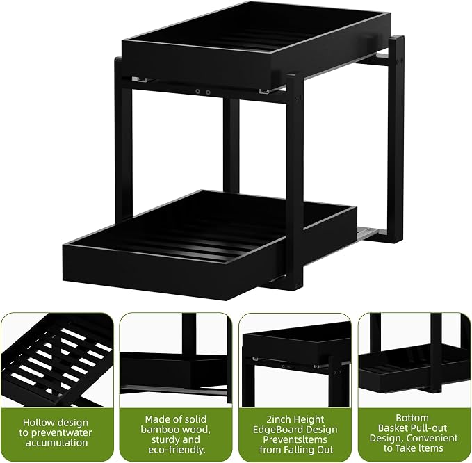2 Pack Under Sink Organizer, Bamboo Wooden 2-Tier Pull-Out Storage - Image 5