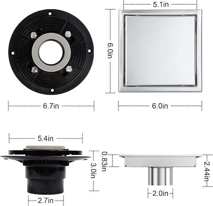 6 Inch Square Shower Floor Drain, Shower Drain Kit - Image 7