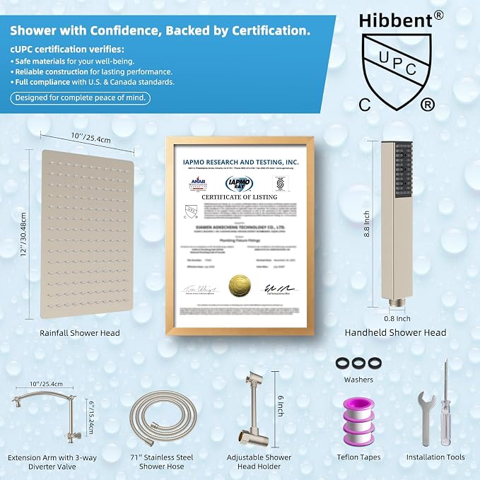 Hibbent All Metal CUPC Certified 12'' Rainfall Shower Head, Dual Shower Head - Image 4