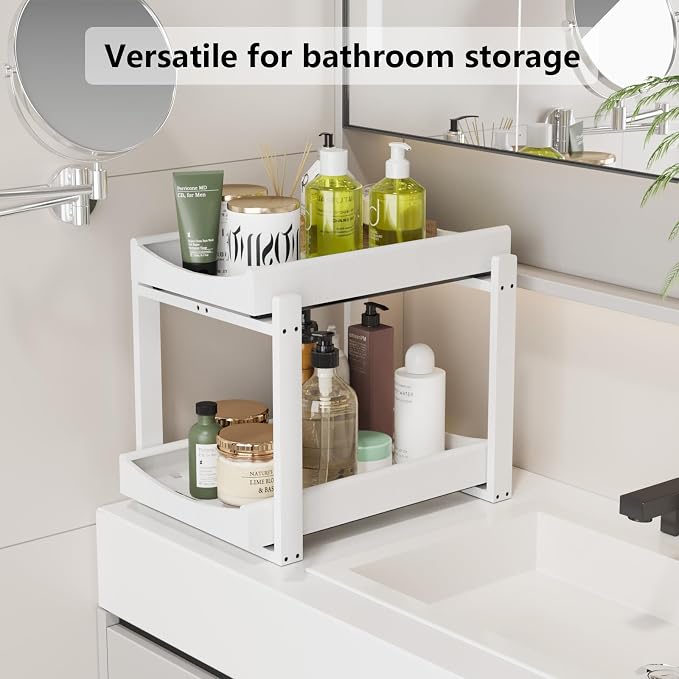 Bamboo Under Sink Organizer Adjustable Height 2 Tier Bathroom Organizer Pull - Image 5