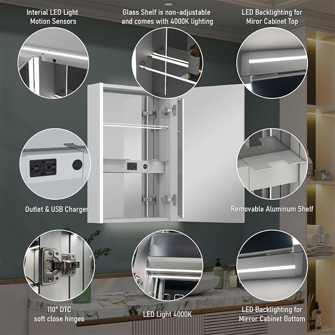 WELLFOR 20" x 30" LED Mirrored Bathroom Cabinet, Mirror Medicine Cabinet - Image 7