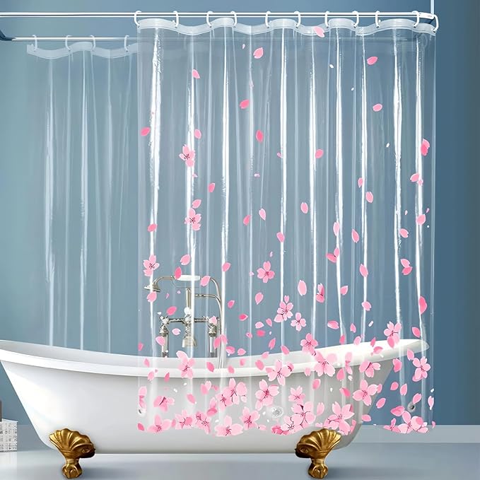 Clear Pink Floral Shower Curtain Liner, Cute Plastic Transparent Cherry Blossom - Image 5