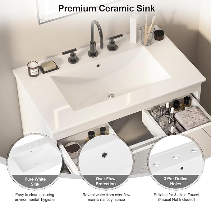 Floating Vanity with Sink 30", Bathroom Vanities Cabinet with White Ceramic Sink - Image 3
