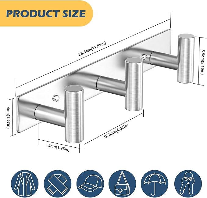 HUFEEOH Coat Hooks Wall Mount, Stainless Steel 3 Hooks Wall Hooks T Shaped Coat - Image 2