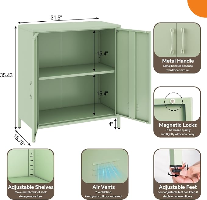 Locker Cabinet, 35.43" H Green Metal Locker Storage Cabinet - Image 3