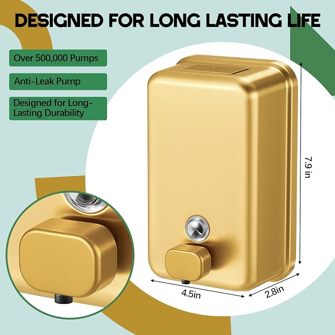 Maxdot 2 Pcs 37 oz/1100 ml Commercial Stainless Steel Soap Dispenser Wall Mount - Image 2