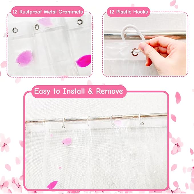 Clear Pink Floral Shower Curtain Liner, Cute Plastic Transparent Cherry Blossom - Image 4