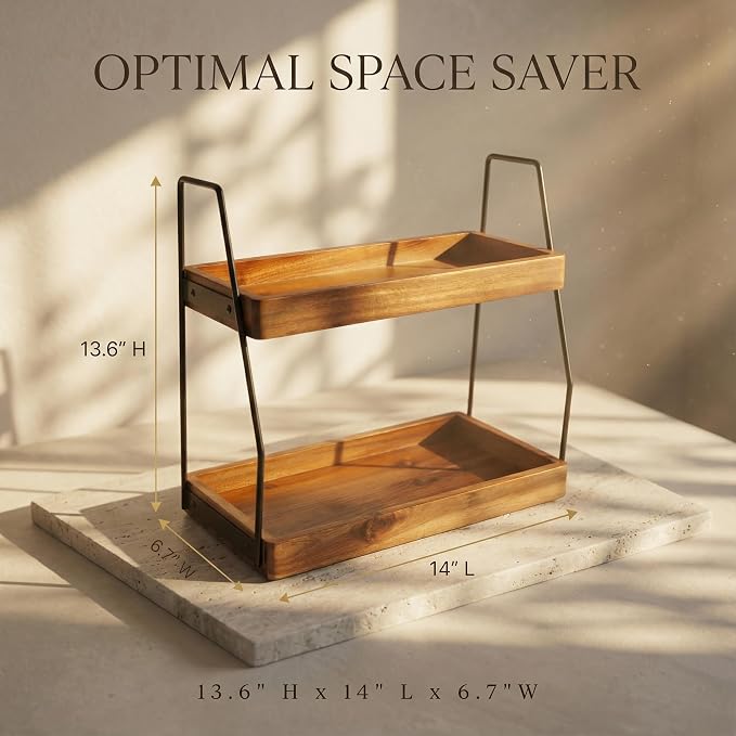 Demigo Acacia Bathroom Organizer Countertop 13.6 x 14 x 6.7 inches, 2-Tier Wood - Image 3