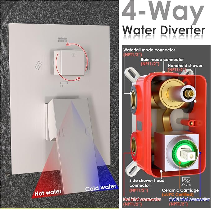 Enga 10 Inch + Dual 6-Inch Rain Shower System, Four Modes Diverter Shower Faucet - Image 5