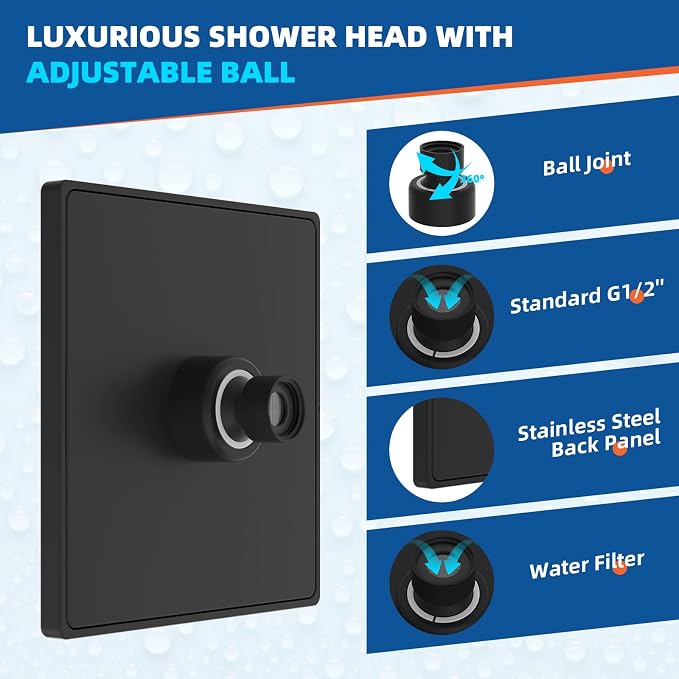 Hibbent Thickness Metal Rain Shower Head, Square Bathroom Waterfall Shower Heads - Image 2