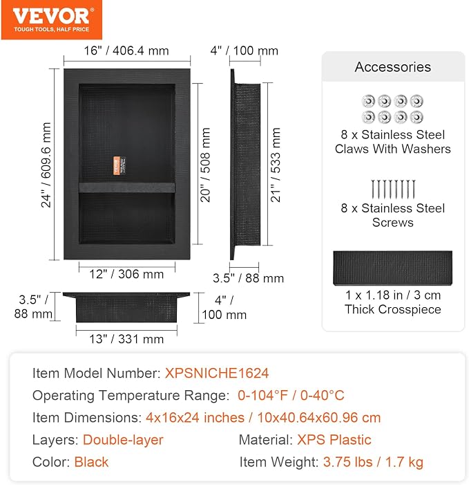 VEVOR Shower Niche Ready for Tile 16" x 24", Double Shelf Organizer, Square - Image 8