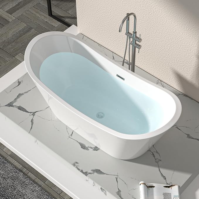 Logmey 67" Freestanding Bathtub White Acrylic Oval Shape Soaking Tub - Image 3