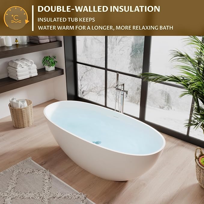 65" Resin Stone Freestanding Bathtub, Soaking Tub, Ergonomic Design, Easy - Image 4