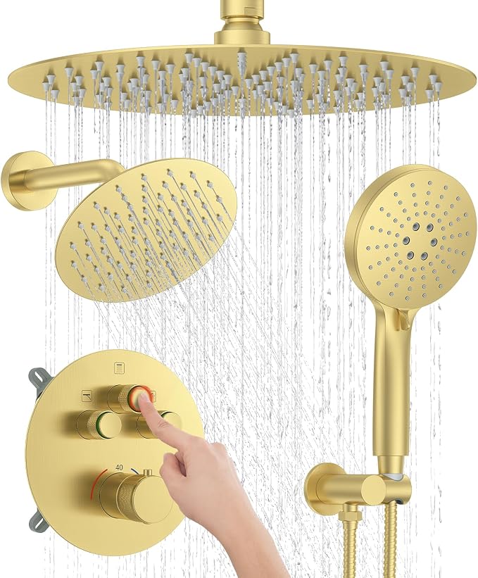 KOJOX Brushed Gold Thermostatic Shower System, Push Button Diverter Shower by KOJOXSANITARY