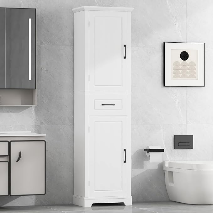 Slim Bathroom Storage Cabinet, Wood Tall Narrow White Bathroom Storage Cabinet - Image 3