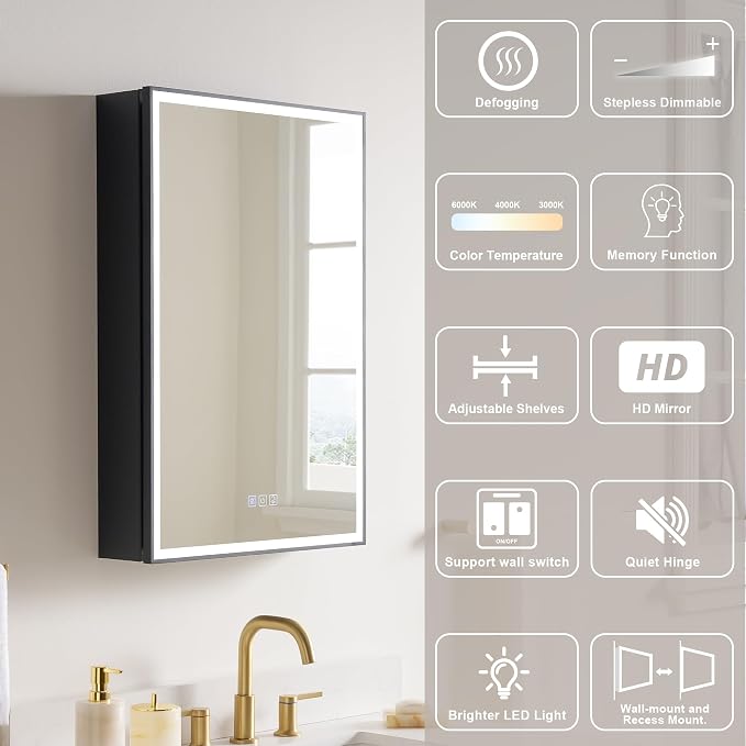 WELLFOR 20" X 30" LED Mirrored Medicine Cabinet, Medicine Cabinets - Image 5