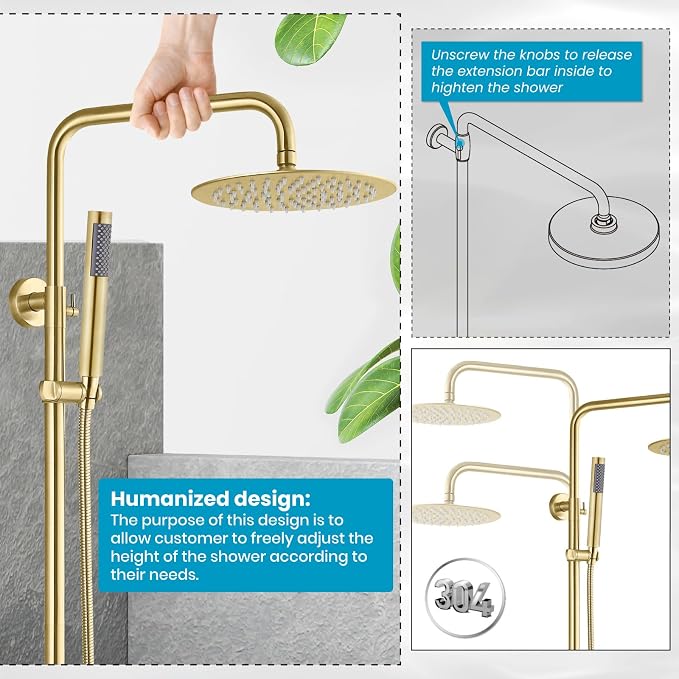 gotonovo Outdoor Shower Fixtures SUS304 Stainless Steel Rain Shower Kit Faucet - Image 7