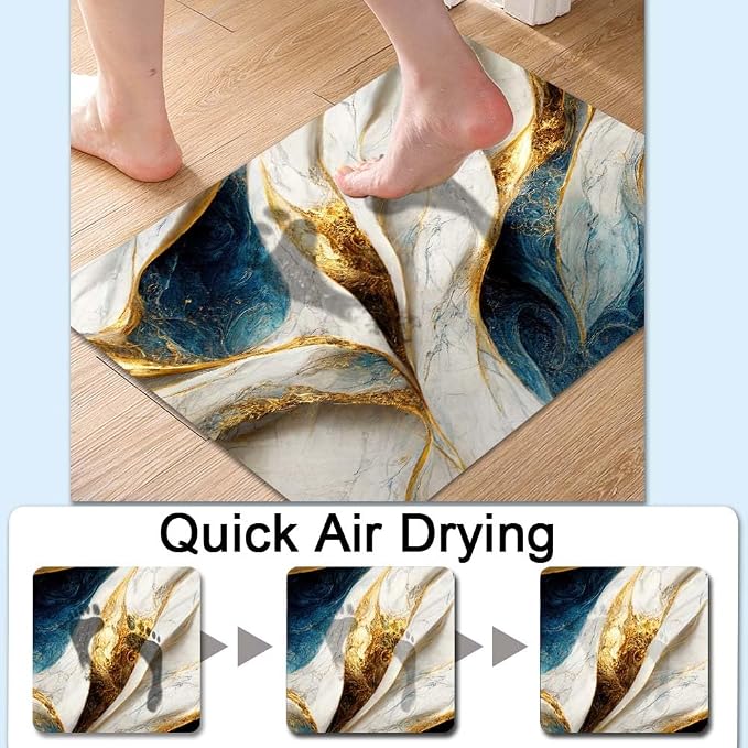 Bath Mat Rug, Abstract Blue and gold marble Non Slip Quick Dry Super Absorbent - Image 4