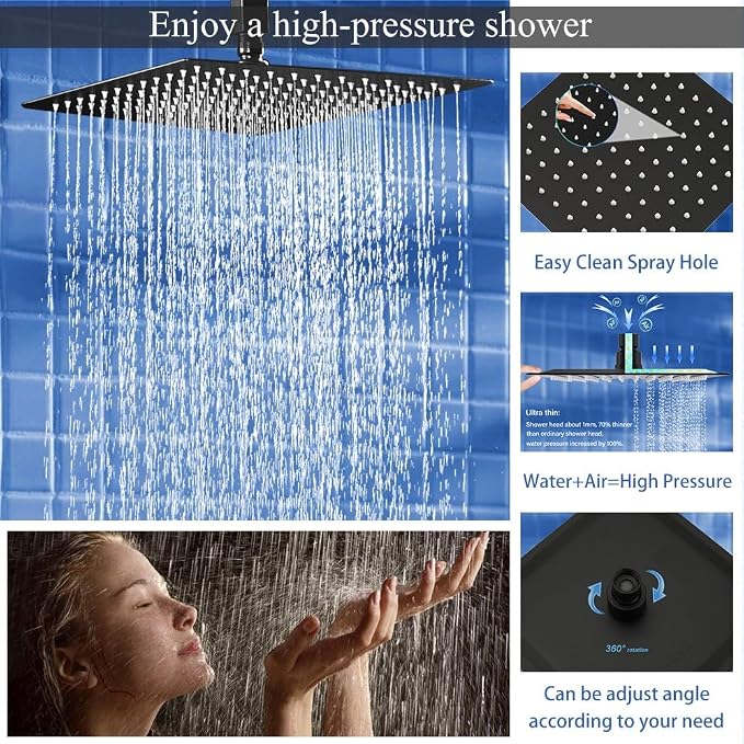 16 Inch Matte Black Ceiling Mount Shower System Bathroom Luxury Rain Mixer - Image 4