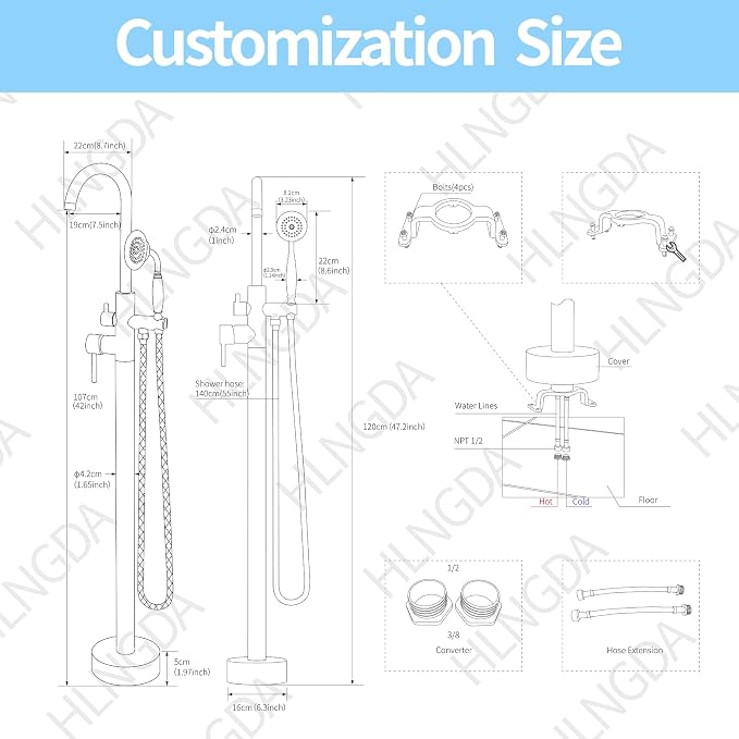 Freestanding Tub Filler Brushed Nickel Floor Mount Bathtub Faucet Bathroom - Image 7