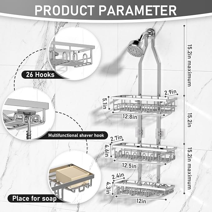 Shower Caddy, Rustproof Shower Shelves Over Shower Head, Triple Adjustable - Image 4