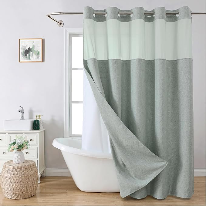 Long No Hooks Needed Linen Textured Shower Curtain by EACHOPE