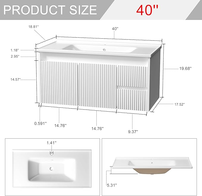 Floating Bathroom Vanity with Sink, 40 Inch Wall Mounted Bathroom Vanity with 2 - Image 2
