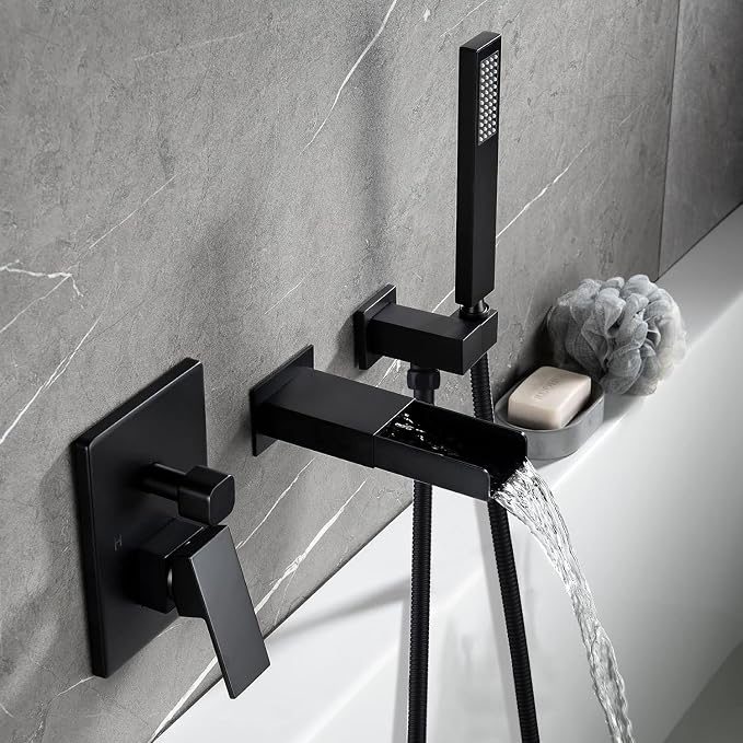 TapLong Matte Black Wall Mount Tub Filler Faucet Set - Image 7