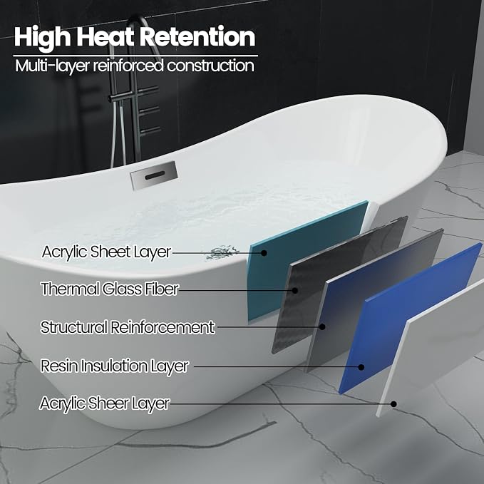 67 Inch Freestanding Acrylic Bathtub, Modern Soaking Tub - Image 4