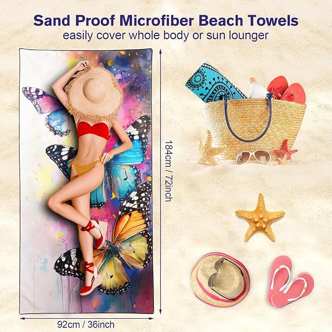 Artistic Watercolor Butterfly Beach Towel 36"x72" Quick-Dry Soft Microfiber - Image 3