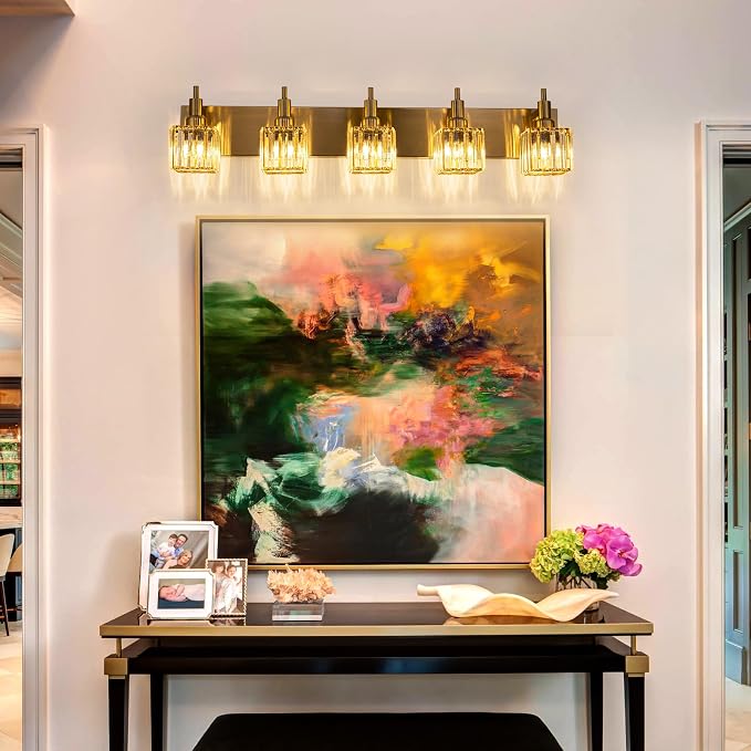 Gold Bathroom Vanity Lights, 5 Lights Crystal Bathroom Lighting Fixtures Over - Image 5