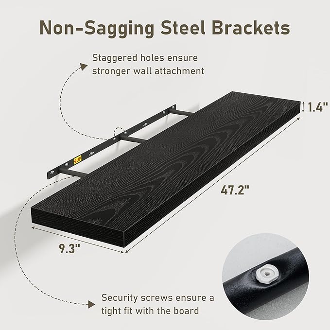 Black Floating Shelves Wall Shelf 48 Inch, 9.3 Inch Deep Floating Shelf - Image 3