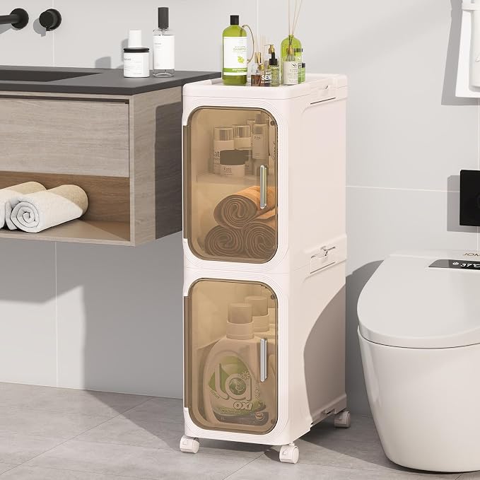 KHNR 2-Tiers Slim Bathroom Storage Cabinet, Foldable Storage Cabinets, Narrow by EnjoyYourLife