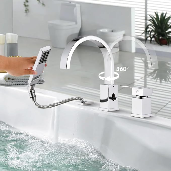Brass Roman Tub Faucet with Handheld Sprayer, Deck Mount Bathtub Faucet with - Image 4