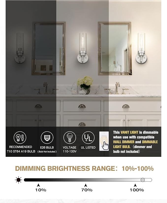 Emak Modern Wall Lights, Brushed Nickel Wall Sconces Set of 2, Bathroom Vanity - Image 2