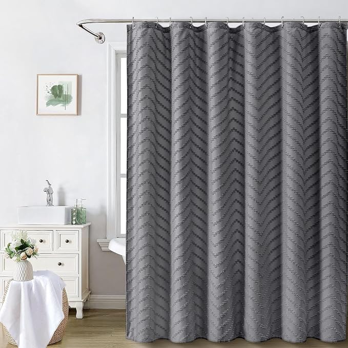 Extra Long Grey Boho Shower Curtain 96 Inch Grey Tufted Chevron Striped Fabric - Image 8