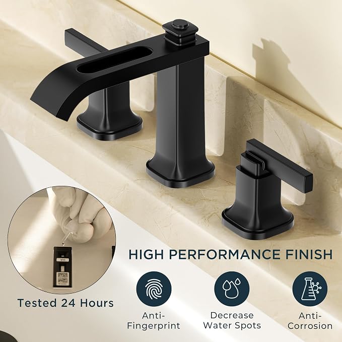 FORIOUS 3 Hole Bathroom Vanity Sink Faucet, Matte Black Waterfall Widespread - Image 3