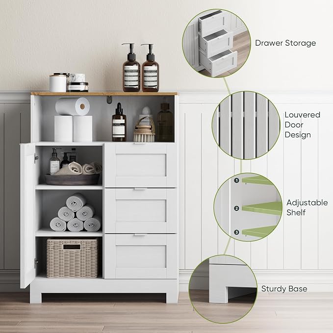 Bathroom Storage Cabinet with 3 Drawers, Floor Cabinet with Louvered Door - Image 4