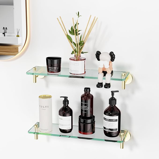 Glass Shelves for Bathroom, 16-Inch Brushed Gold Floating Bathroom Shelf - Image 2